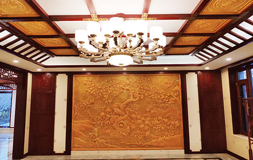 惠安中式别墅客厅中式木作横梁吊顶装饰展示