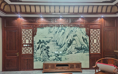 惠安中式仿古别墅客厅背景墙花格木作装饰